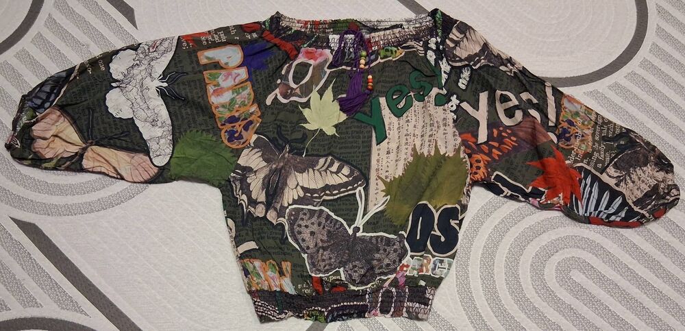 Desigual women medium dolman batwing sleeve top patchwork art print shirt green